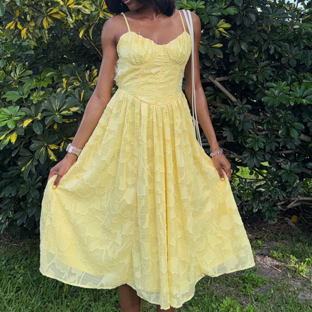 Yellow Lace Midi Dress with Spaghetti Straps